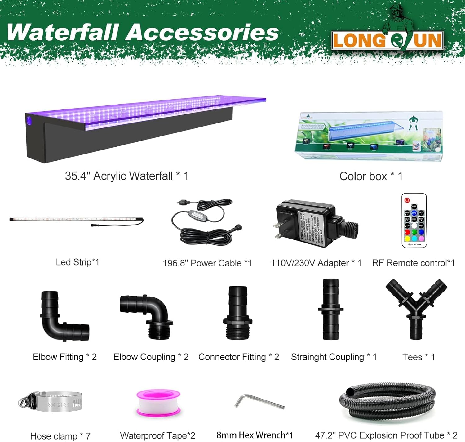 LONGRUN Acrylic Waterfall Spillway Multi-Color LED Light Pool Fountain, Water Spillway Outdoor Koi Pond Waterfalls Fountains Kit for Garden Koi Ponds Patio Swimming Pool Decoration-35.4"-VerdiqueGarden