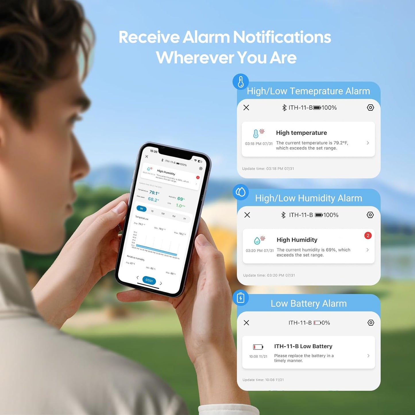WiFi Hygrometer Thermometer with Swiss Sensor 3 Pack, Bluetooth 5.0 Dual Mode, 300-Day Data Storage, 9-Month Battery, IP65 Waterproof for Home, Greenhouse, Reptile Tank-VerdiqueGarden