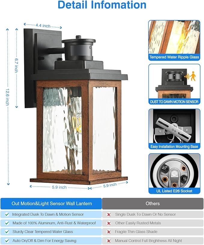 VIANIS Motion Sensor Outdoor Lights, Dusk to Dawn Outdoor Lighting for House, Wood Grain Garage Lights, Lantern Wall Mount, Waterproof Porch Sconce for Entryway, with Anti-Rust, Weather Resistant-VerdiqueGarden