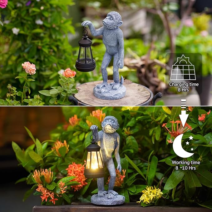 Garden Statue Monkey Figurine - Monkey Decor with Solar Powered Led Lights for Patio Lawn Balcony Yard - Ideal Gift for Women Moms Grandma Housewarming-VerdiqueGarden