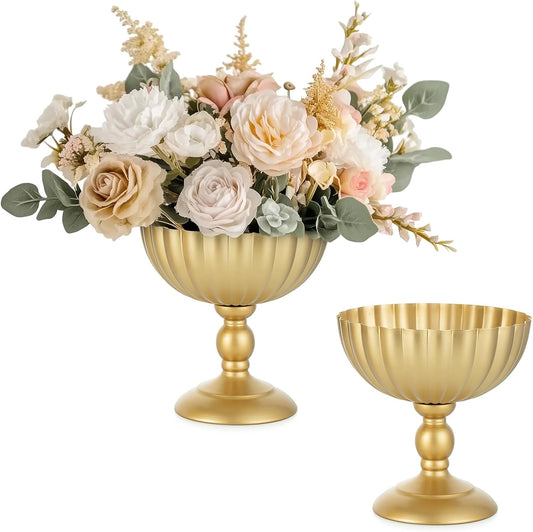 Sziqiqi Gold Urn Vase for Wedding: 7.9in Tall Vases Centrepieces for Table Decorations - Set of 2 Metal Flower Urn Vase for Floral Arrangement - Compote Bowl Vases for Birthday Party Anniversary-VerdiqueGarden