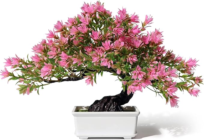 Fake Plants Plastic Artificial Bonsai Tree, Pink Room Decor Bonsai Tree for Home Bedroom Farmhouse Office Desk Decor, Tall 9.5"-VerdiqueGarden