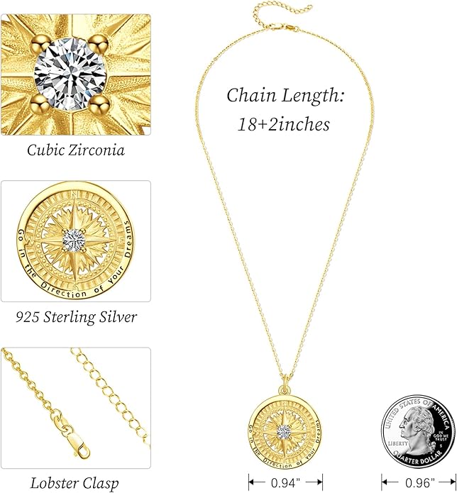 KINGWHYTE Graduation Gifts Birthstone Necklace for Women 925 Sterling Silver Compass Pendant Go in the Direction of your Dream Travel Jewelry Birthday Gift for Her