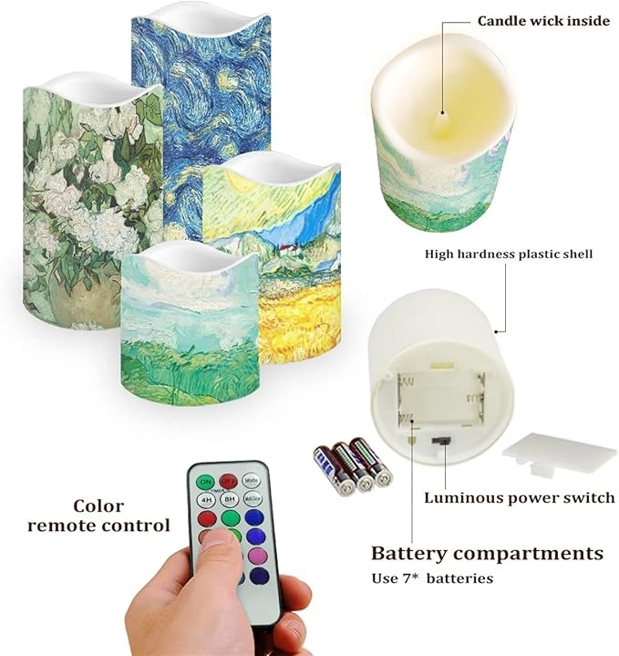 Ystardream Art Work Candles Plastic Moving Flickering LED Candles with Remote Color Changing & Timer,4 Packs Won't Melt Candle for Room Decor Accessories for Christmas Halloween-VerdiqueGarden