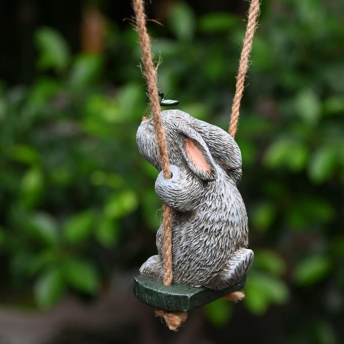 OwMell Garden Rabbit Statues, Cute Swing Bunny with Butterfly Statue Decoration for Yard Hanging Outdoor, Tree Ornaments Figurine for Stump Branch Lawn Patio Decor-VerdiqueGarden