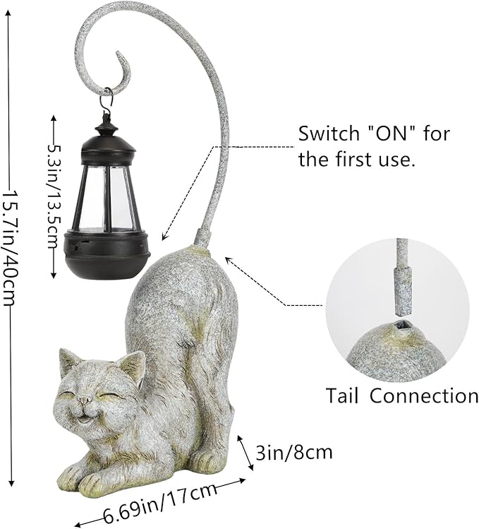 Laughing Cat Figurine with Solar-Powered LED Light, 15.7 Inches Tall Marble, Perfect for Gift Garden Decor or Housewarming for Cat Lovers.-VerdiqueGarden