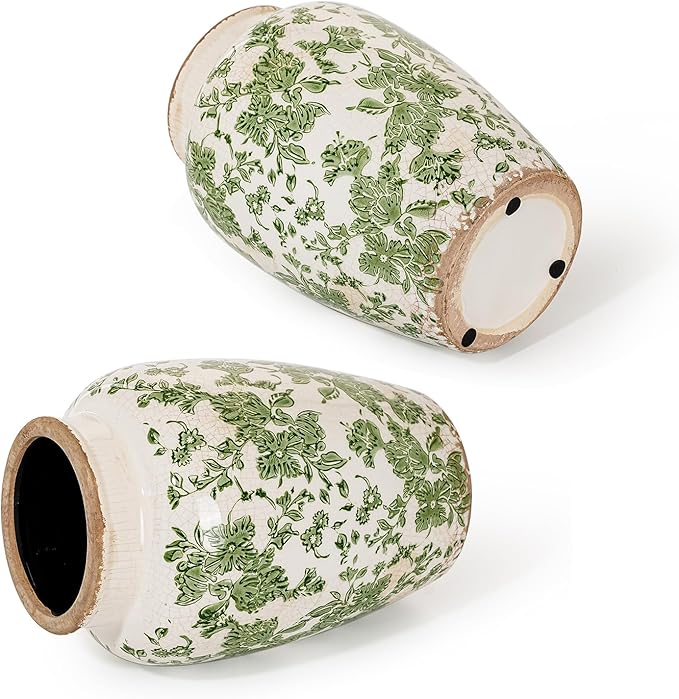 Sungmor Ceramic Flower Vase, Vintage Ice Cracked Glaze Porcelain Vase, Pretty Home Decor Vase for Flower Arrangement, Fresh Flowers, 10.2 Inch Tall Chinoiserie Pottery Vase, Green Floral Pattern-VerdiqueGarden