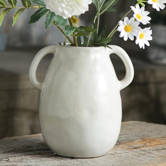White Ceramic Vase with 2 Handles, Modern Farmhouse Decor, Rustic Terracotta Pottery, Decorative Flower Vases, Clay Small Vase, Centerpiece for Dining Table - 7 Inch Tall-VerdiqueGarden