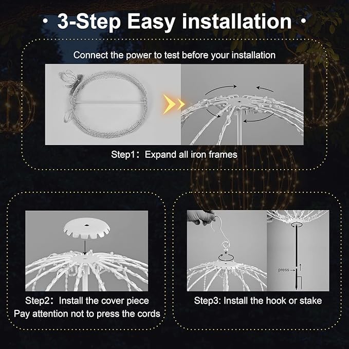 Hotelstar 96LED Foldable Light Sphere - 12IN Hanging, Pathway & Tree Light with Hook & Stake for Outdoor Garden, UL Listed, White Metal Frame, Warm White Light-VerdiqueGarden
