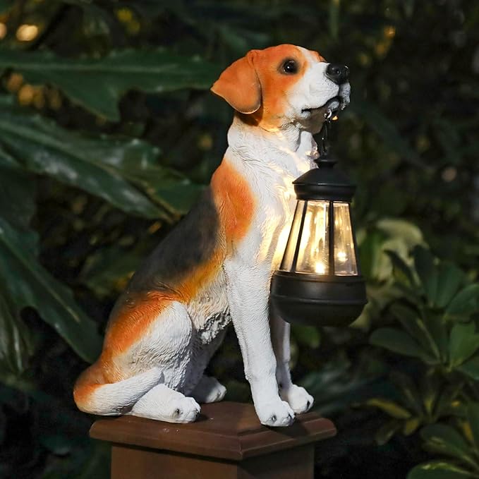 Garden Dog Statues Outdoor Decor, Solar Lights Outdoor Beagle Dog Statue Garden Decorations Solar Dog Ornaments for Patio, Lawn, Yard Art Decoration, Housewarming Garden Gift-VerdiqueGarden