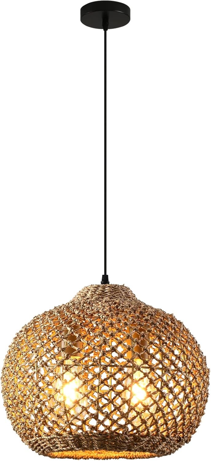 13.79" Rattan Pendant Light, Boho Handmade 2-Light Wicker Chandelier, for Kitchen Island, Bedroom, Dining Room, Entryway, Foyer-VerdiqueGarden