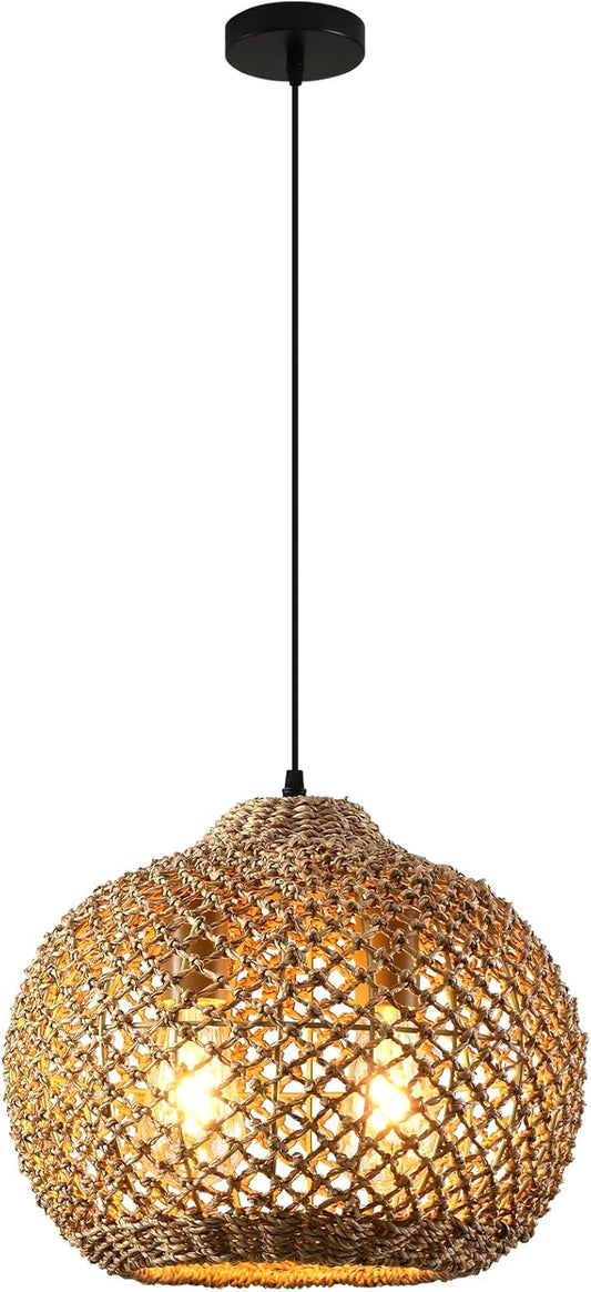 13.79" Rattan Pendant Light, Boho Handmade 2-Light Wicker Chandelier, for Kitchen Island, Bedroom, Dining Room, Entryway, Foyer-VerdiqueGarden
