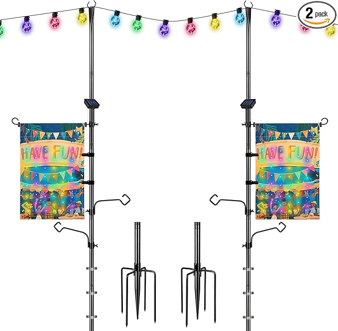 3-in-1 String Light Pole for Outside (2 Pack), Each Pack Includes 2 Hooks, 1 Solar LED Light Board & 1 Party Flag, Heavy Duty Stand for Deck, Patio, Backyard, Wedding-VerdiqueGarden