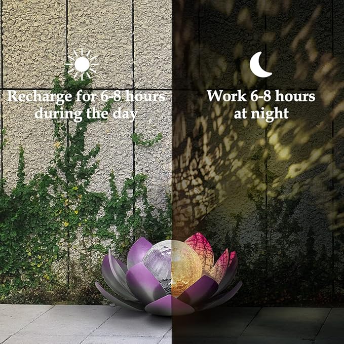 Huaxu Solar Lights Outdoor Decor Purple Lotus Waterproof LED Crackle Globe Glass Metal Flower Decorations for Garden Patio Yard Porch Pathway Ground Tabletop-VerdiqueGarden