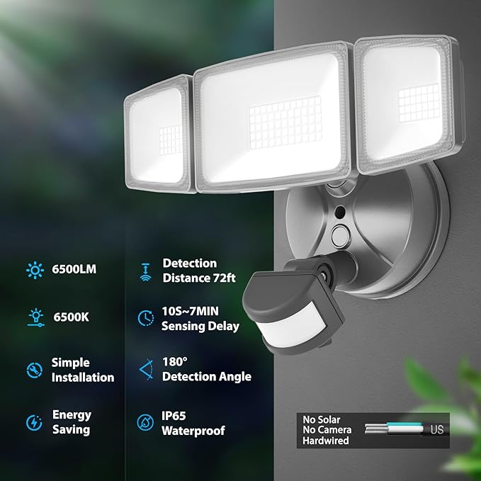 Onforu 65W LED Security Lights Motion Sensor Light Outdoor, 6500LM, 6500K, IP65 Waterproof, Flood Light Outdoor Motion Detector with Adjustable 3 Head, Hardwired Wall Light for Entryway, Yard (Gray)-VerdiqueGarden