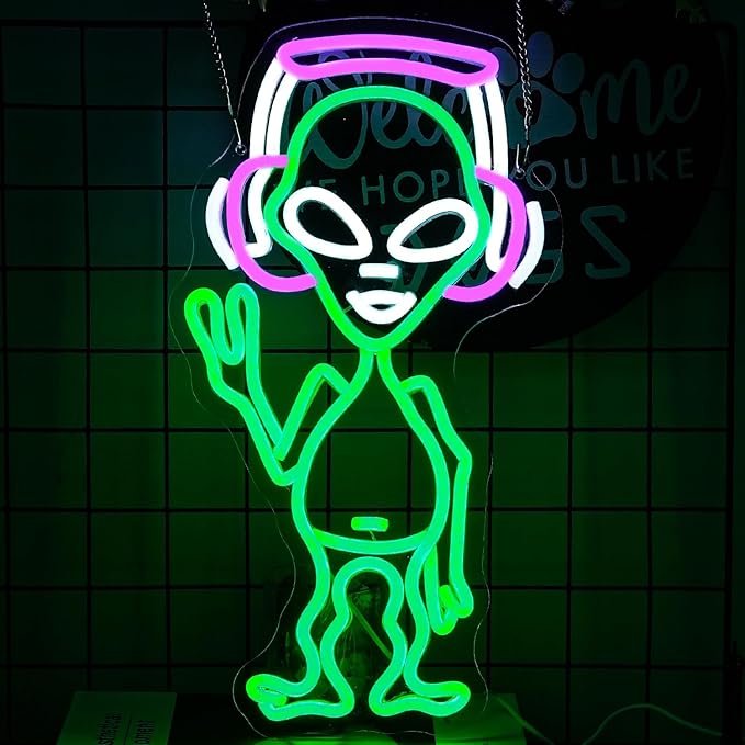Alien Neon Sign for Wall Decor - Green Music Neon Light Dimmable Cool LED Light Up Sign for Music Studio, Game Room, Party, Bar, Man Cave Decoration-VerdiqueGarden