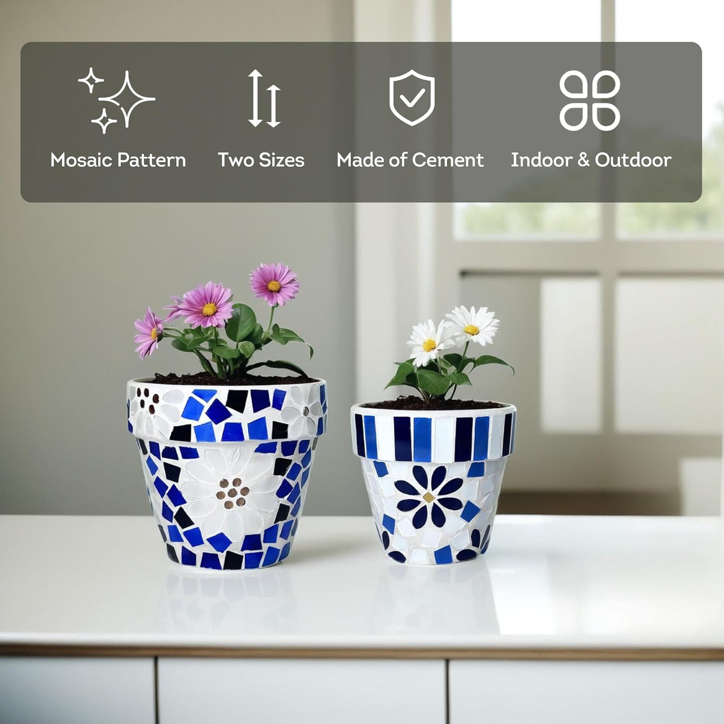 Lily's Home Set of 2 Flowerpots with Mosaic Pattern. Decorative Plant Pots with Drainage Holes for Indoor Outdoor, Perfect for Snake Plants, Succulents,Terracotta. Pots are 4 9⁄10 & 4 ¼ inch Height.-VerdiqueGarden