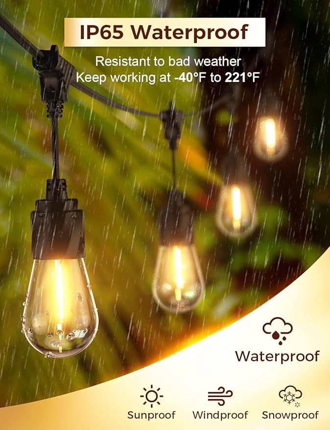 XMCOSY+ 48FT Outdoor String Lights Waterproof - LED Patio Hanging Lights for Outside Porch Backyard Gazebo Garden, Commercial Grade 16 Edison Bulbs-VerdiqueGarden