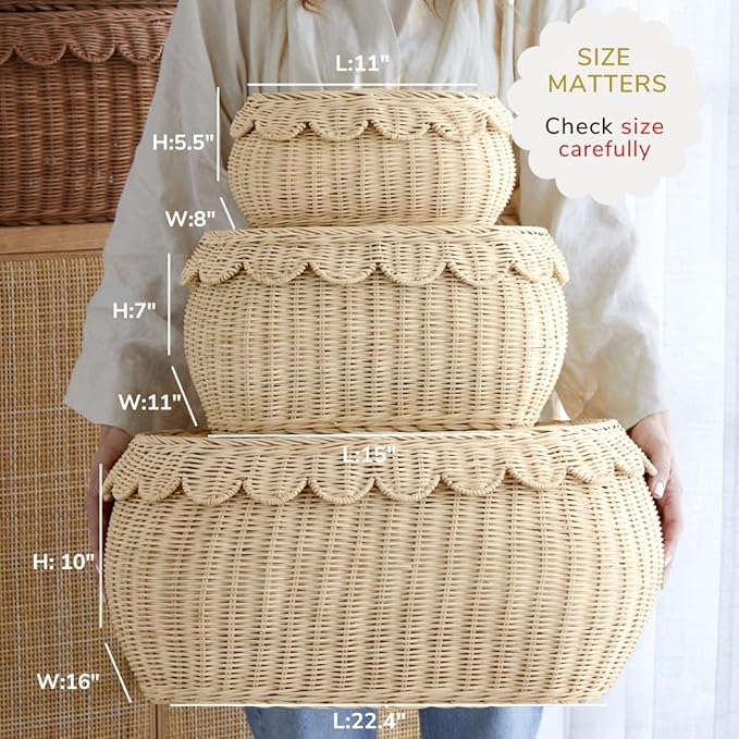 BEBE BASK Large Scalloped Basket Set Of 3 - Hand-Woven & Award-Winning Scallop Basket - XL - Extra Large for Blankets 22 x 16 x 10 In - Elegant Wicker With Scalloped Edge Lid (Natural)-VerdiqueGarden
