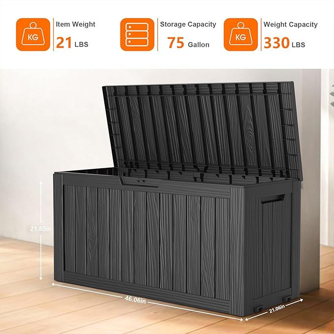 75 Gallon Resin Deck Box, Lockable Patio Outdoor Storage Box for Furniture, Garden Tools and Tools Storage, Waterproof Outside Storage Boxes - Black-VerdiqueGarden