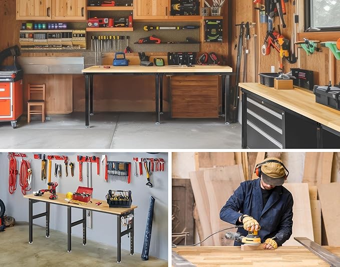 84” Adjustable Height Workbench, 5000 LBS Heavy Duty Table Rubber Wood Workstation with Power Outlet & Pegboard for Garage, Office, Workshop, Home,Commercial-VerdiqueGarden