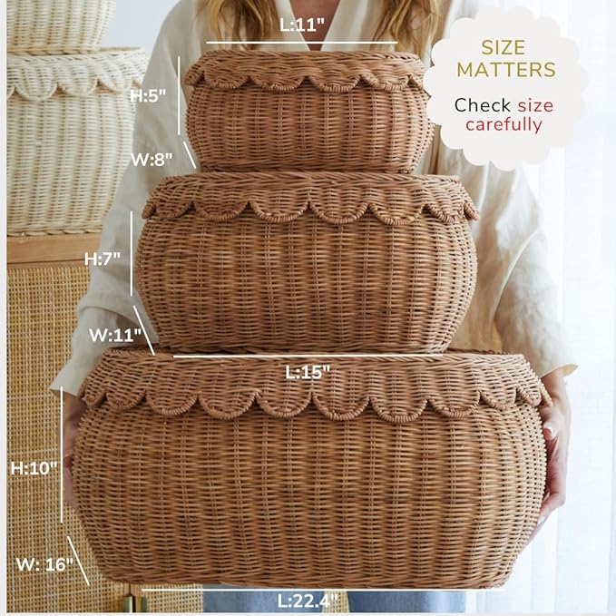 BEBE BASK Large Scalloped Basket Set Of 3 - Hand-Woven & Award-Winning Scallop Basket - XL - Extra Large for Blankets 22 x 16 x 10 In - Elegant Wicker With Scalloped Edge Lid (Mocca)-VerdiqueGarden
