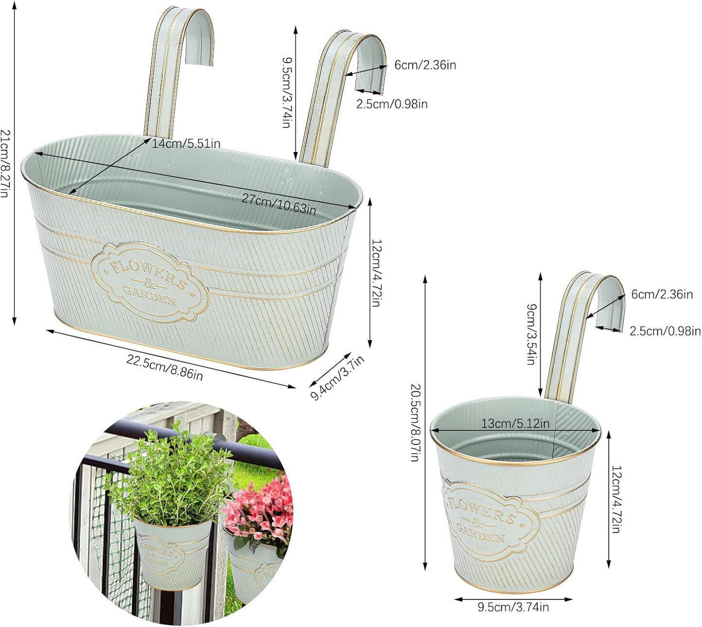 PerGar Vintage Metal Iron Wall Hanging Flower Pots, Rustic Planter Bucket Herb Flower Plant Holder with Detachable Hooks & Drainage Hole for Railing Fence Balcony Deck Garden Home Decoration, Set of 3-VerdiqueGarden