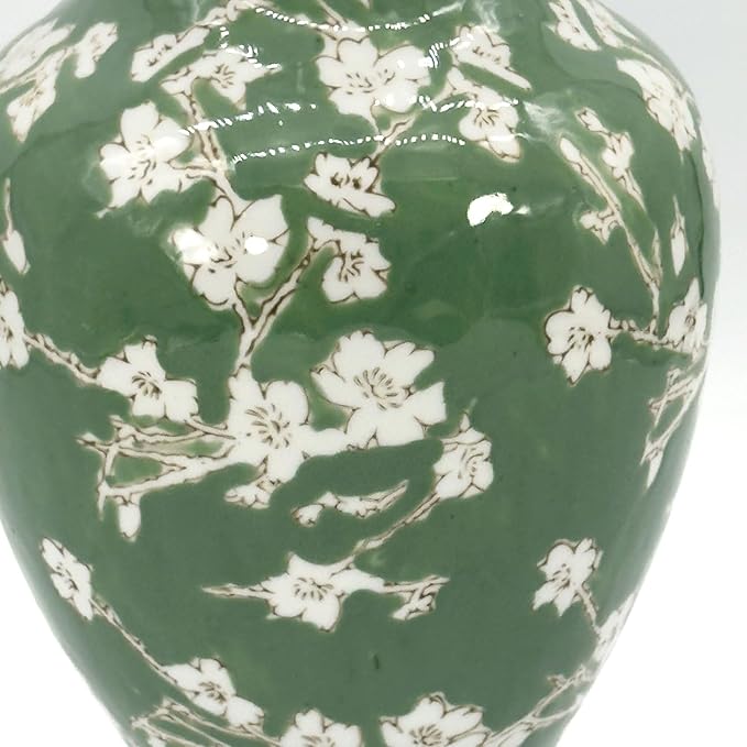 Galt International Floral Chinoiserie Ceramic Vase 14" - Green Sakura Hand Painted Antique Style Porcelain Flower Bottle Fishtail Porcelain Chinese Vase for Home Decor Centerpiece-VerdiqueGarden
