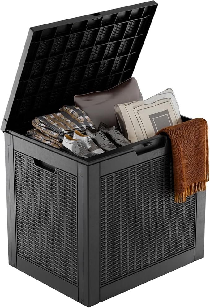 36 Gallon Outdoor Deck Box,Storage Lockable Waterproof Patio Furniture,Garden Tools,Cushions,Pool Accessories Outside Storage Resin Box(Black Pattern)-VerdiqueGarden