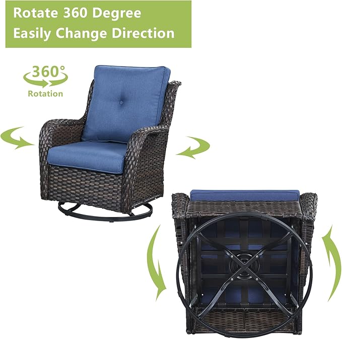 Outdoor Wicker Patio Furniture Set - 6 Piece Rattan Patio Conversation Set with 2 Rocking Swivel Chairs,2 Ottomans,1 Loveseat and 1 Coffee Table for Porch Deck Backyard Garden(Brown/Blue)-VerdiqueGarden
