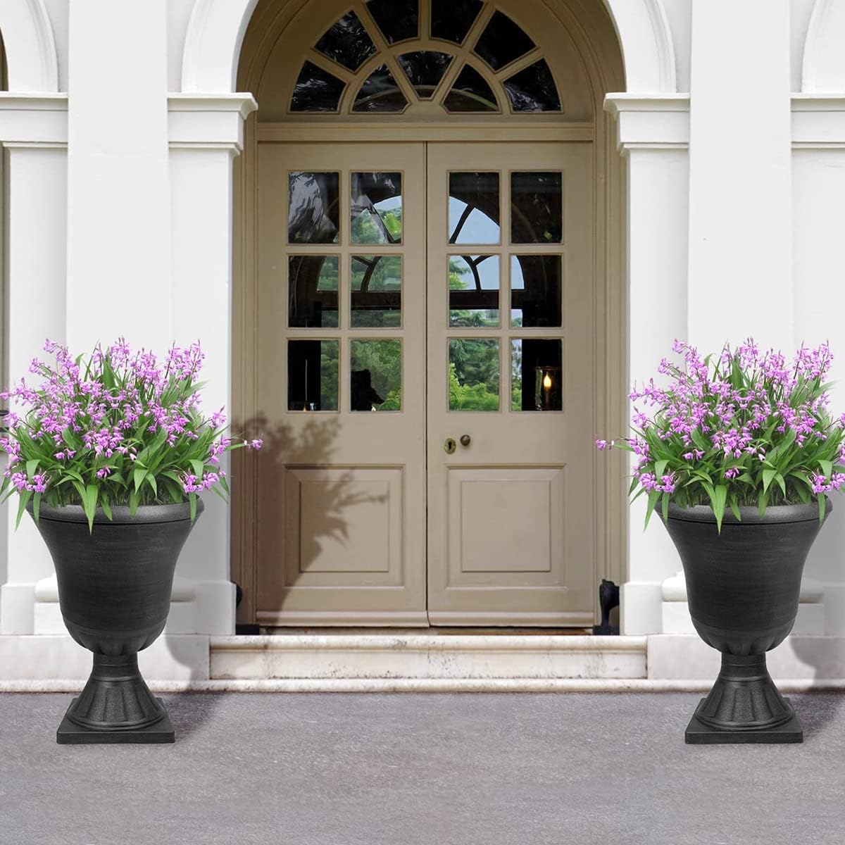 Worth Garden 2-Pack Plastic Urn Planters for Outdoor Plants, 22'' Black Tall Round Classic Resin Traditional Flower Pots - 15 in. Dia. Large Imitation Stone Decorative Pot Patio Deck Front Porch-VerdiqueGarden