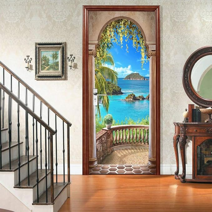 3D Door Stickers Murals - Landscape - Peel and Stick - Waterproof & Washable - Matt Finish - Tropical Style - White - 35.4" x 78.7" - 2 PARTS-VerdiqueGarden