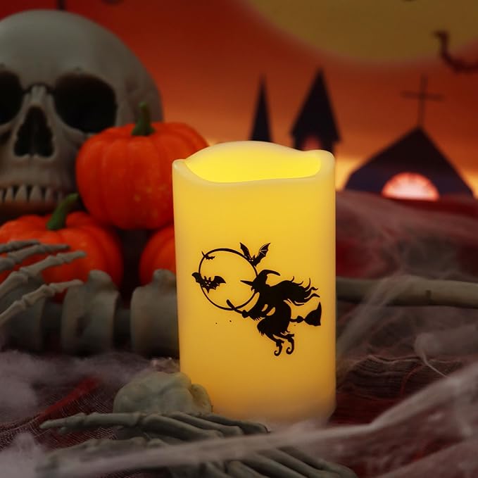 Halloween Outdoor Battery Operated Flameless Pillar Candles with Auto Daily Timer Waterproof Realistic Flickering Electric LED Lights with Pumpkin Witch Decals Halloween Decorations 2 Pack 3X5”-VerdiqueGarden