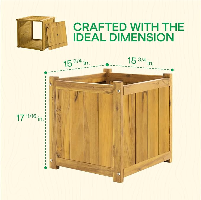 IDZO Acacia Wood Flower Planter Box for Outdoor Plants, 1pc Wooden Raised Garden Bed with Handles, Drainage Holes, Ideal for Garden and Home Décor, Golden Teak-VerdiqueGarden