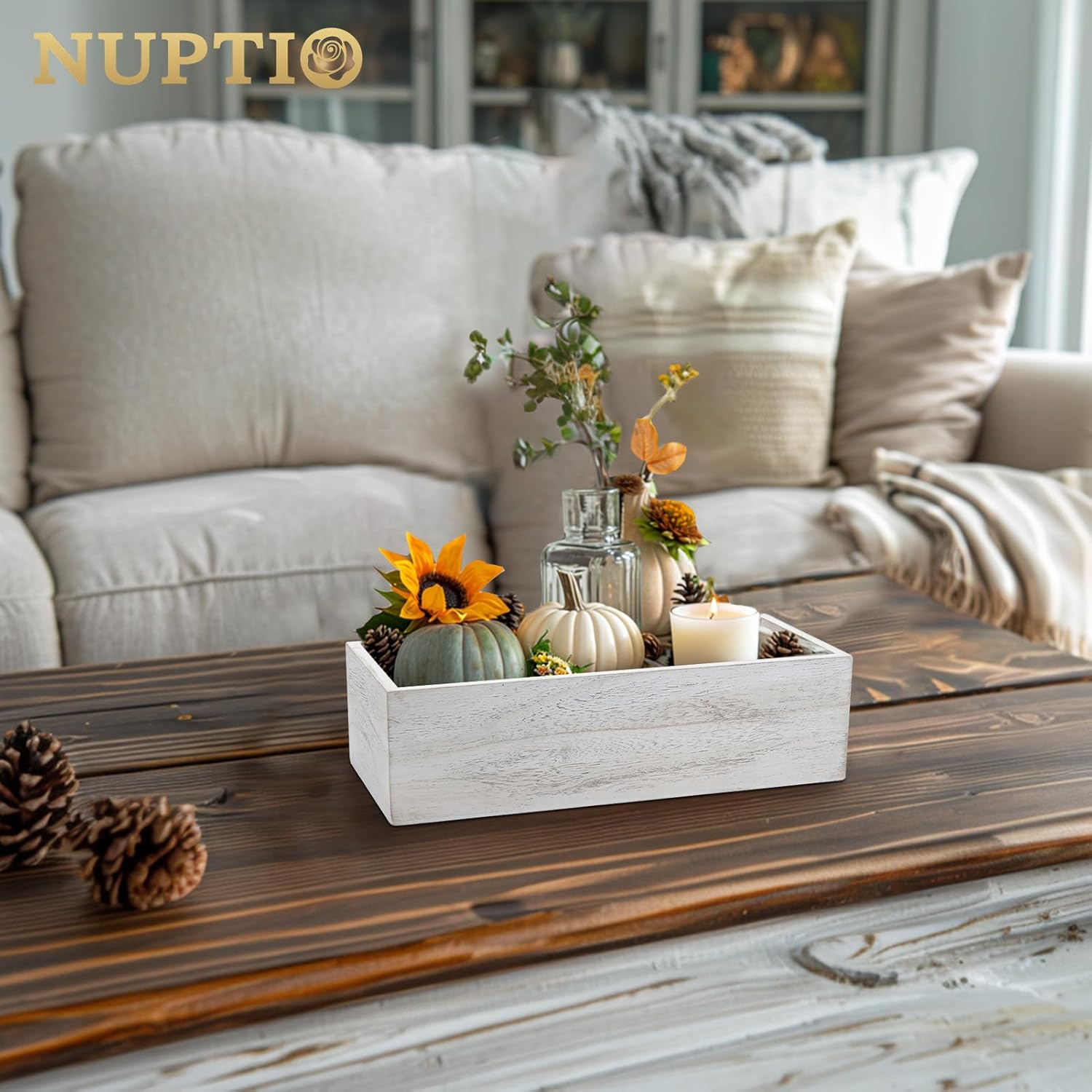 NUPTIO Flower Box Rectangle Centerpieces: 6 Pcs 11.8" Long Wood Vase Boxes Small Rustic Washed White Centerpiece Box for Wedding Tables Fall Decor-VerdiqueGarden