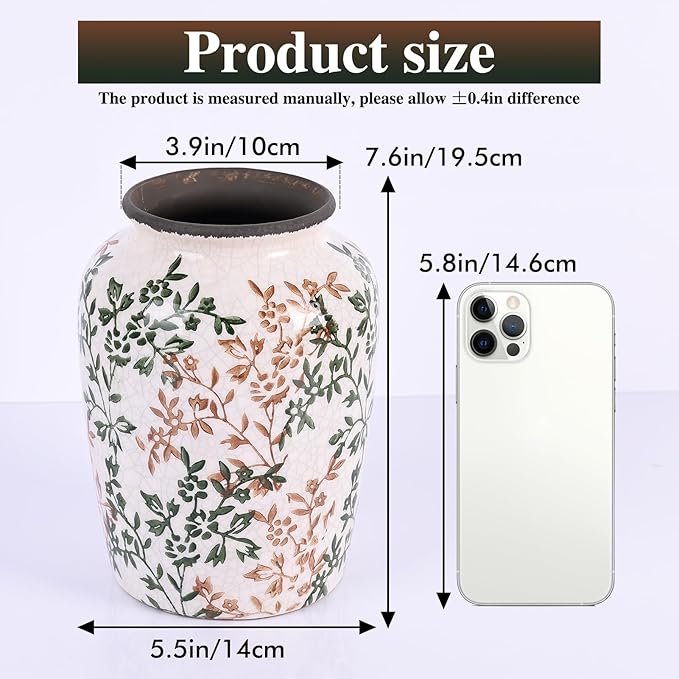 Vintage Vase for Flowers,Green Chinoiserie Ceramic Vase,Rustic Farmhouse Cracked Vases,for Flower Arrangement,Living Room, Office, Shelf, Fireplace Tables,Centerpieces,Chinoiserie Pottery Decor(D)-VerdiqueGarden