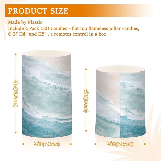 Flickering Flameless Candles, Bohemian Beach LED Candles with Remote Timer, Set of 2 Battery Operated Candle for Valentine Wedding Birthday-VerdiqueGarden