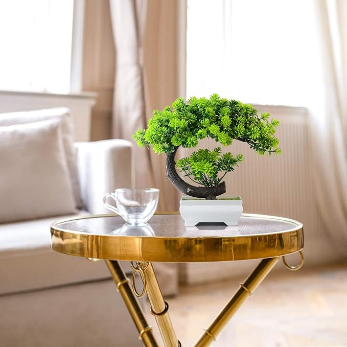 Small Artificial Plants Greenery Desktop Bonsai - Green Plastic Fake Plants for Home Decor, Indoor Bookshelf, Office Desk and Bathroom Room Decor, Tall 8.5"-VerdiqueGarden