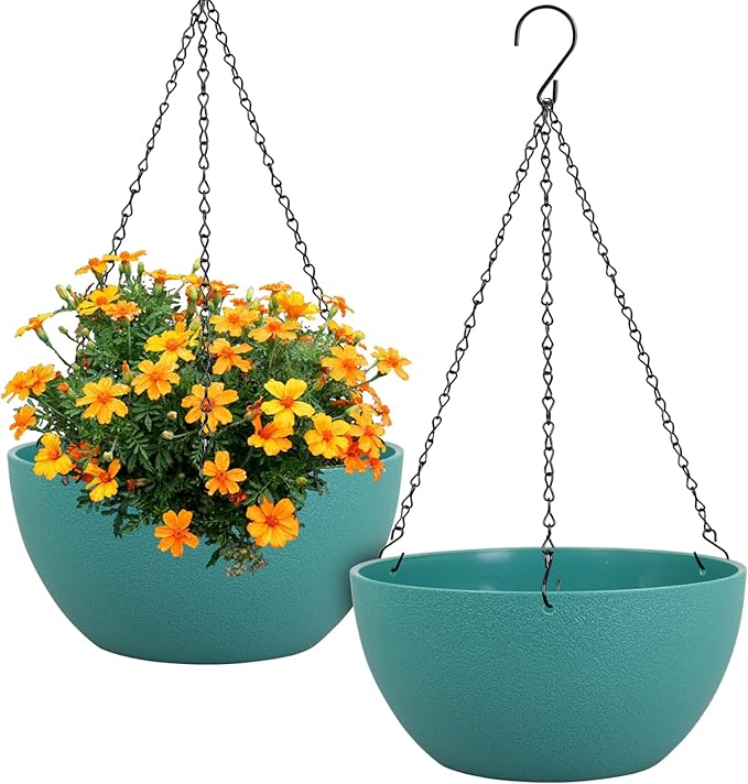 12 inch Large Hanging Planters for Indoor Outdoor Plants, 2 Pack Hanging Flower Plant Pots with Drainage Holes and Chain for Garden Porch, Plastic Hanging Baskets for House Plants, Blue Green-VerdiqueGarden