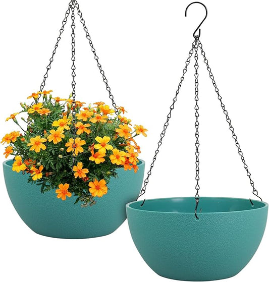 12 inch Large Hanging Planters for Indoor Outdoor Plants, 2 Pack Hanging Flower Plant Pots with Drainage Holes and Chain for Garden Porch, Plastic Hanging Baskets for House Plants, Blue Green-VerdiqueGarden