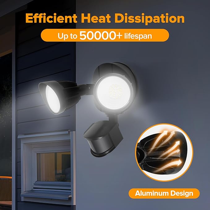 UME LED Security Light Motion Sensor Outdoor Lights, 27W 3000LM, 5000K, IP65 Waterproof, Dusk to Dawn, 2 Head Motion Detector Flood Light for Outside, Garage, Yard (Black)-VerdiqueGarden