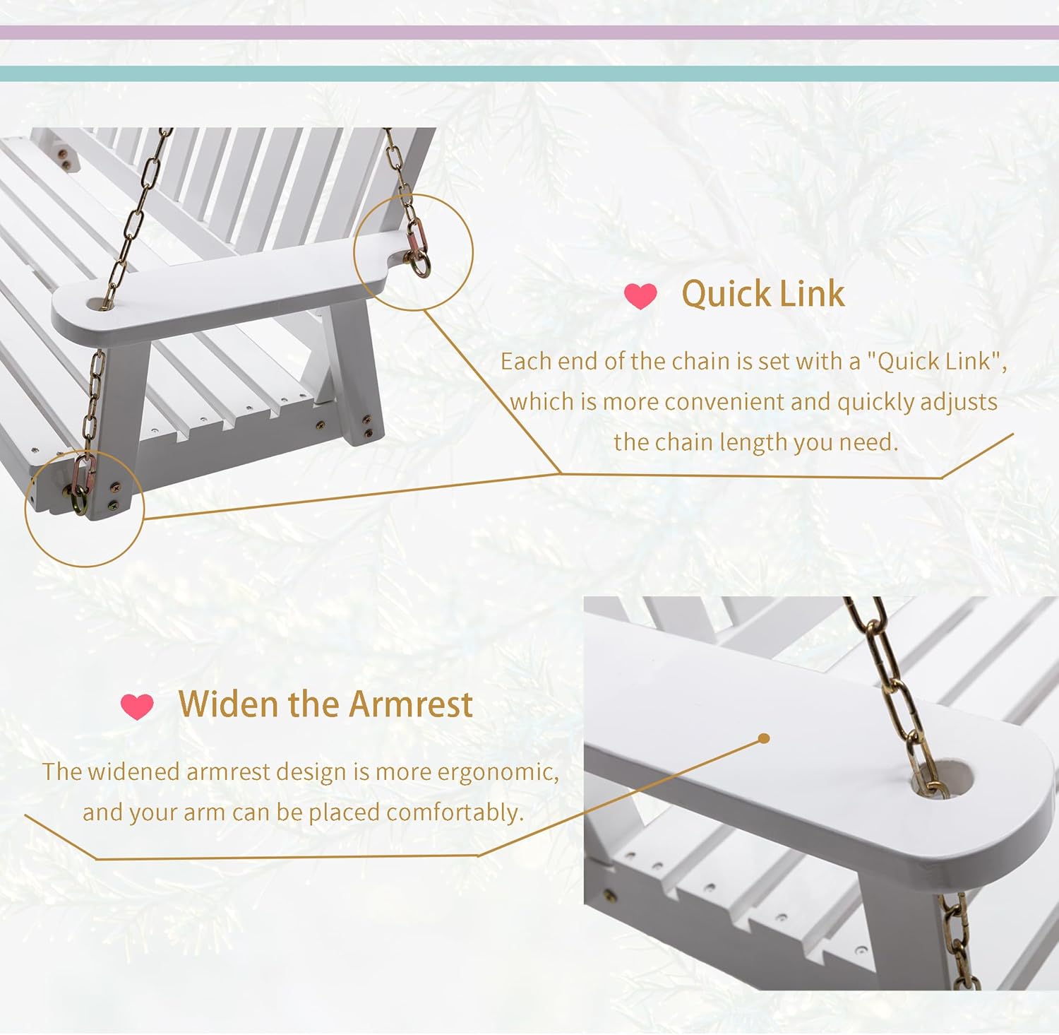 Anraja Wooden Porch Swing 2-Seater, Bench Swing with Hanging Chains, Heavy Duty 800 LBS, for Outdoor Patio Garden Yard, 4 Ft, White-VerdiqueGarden