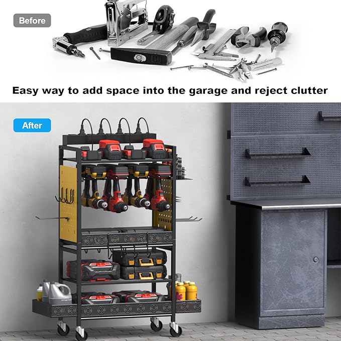 CCCEI Garage Power Tools Organizer Cart with Charging Station, Black Floor Standing Rolling Drill and Tools Battery Storage Cart on Wheels. Yellow Utility Rack Gift for Men, Husband, Father.-VerdiqueGarden