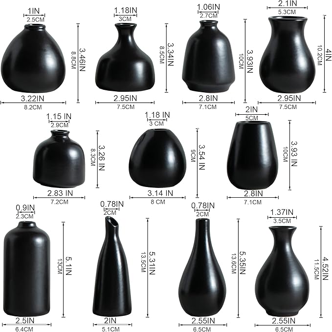 JOJUNO Black Bud Vases, Small Ceramic Vase Set of 11, Mini Pottery Vases for Flowers, Decorative Pieces for Home Modern Decor, Boho Decor, Chic Accents for Living Room Dining Table Shelves-VerdiqueGarden