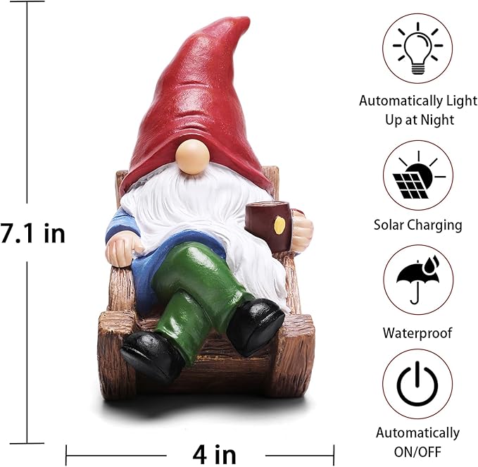 Solar Garden Gnomes Outdoor Statue with Solar Lights,7.1“ Figurine Lights Solar Garden Yard Decorations Outdoor Decorations for Patio,Yard,Lawn Ornament，Mom Gift Unique Housewarming Gifts-VerdiqueGarden