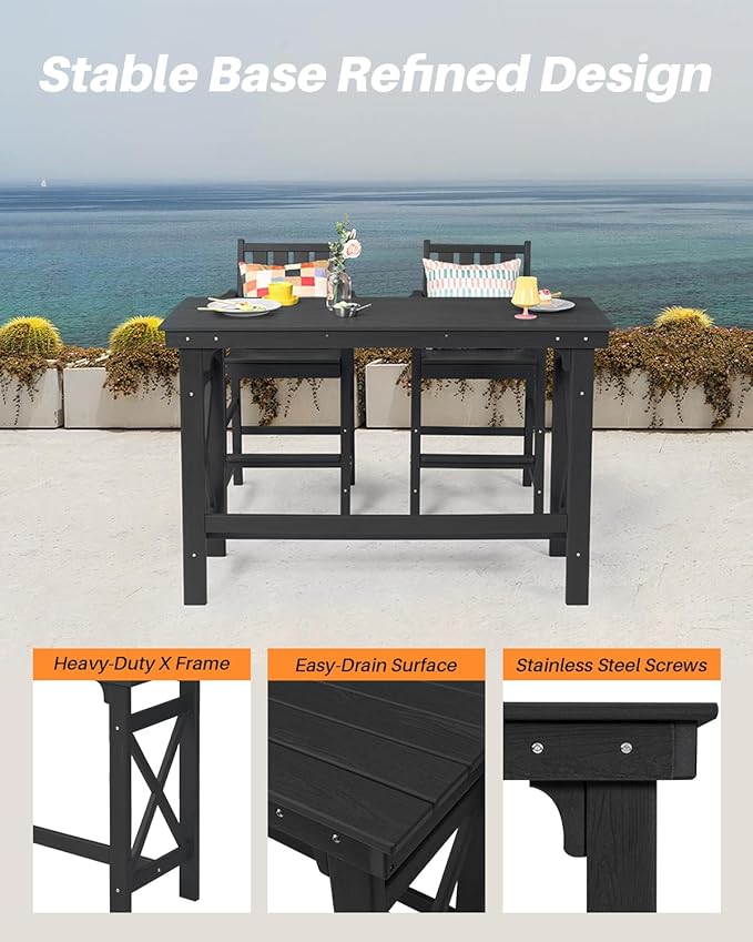 5-Piece HDPE Patio Bar Set, Rectangular Bar Height Table and 4 Adirondack Bar Chairs, All Weather Outdoor Bar Stools Set, Outdoor Bar Table and Chairs Set for Balcony, Pool, Porch, Obsidian-VerdiqueGarden