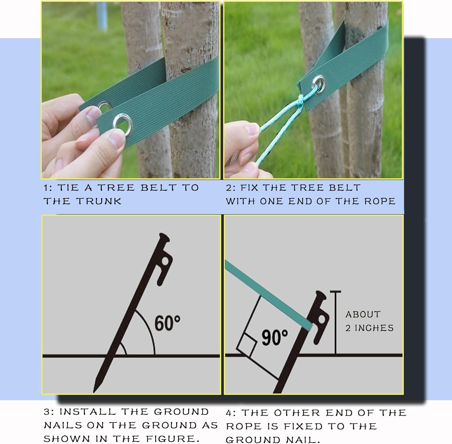 Tree Stake Kits, Tree Stakes and Supports Kits for Hurricane Protection & Bad Weather, Include 4 PCS 11.8" Heavy Duty Steel Tree Stakes, 4 PCS 15.8" Tree Straps and 4PCS 16.4FT Rope-VerdiqueGarden