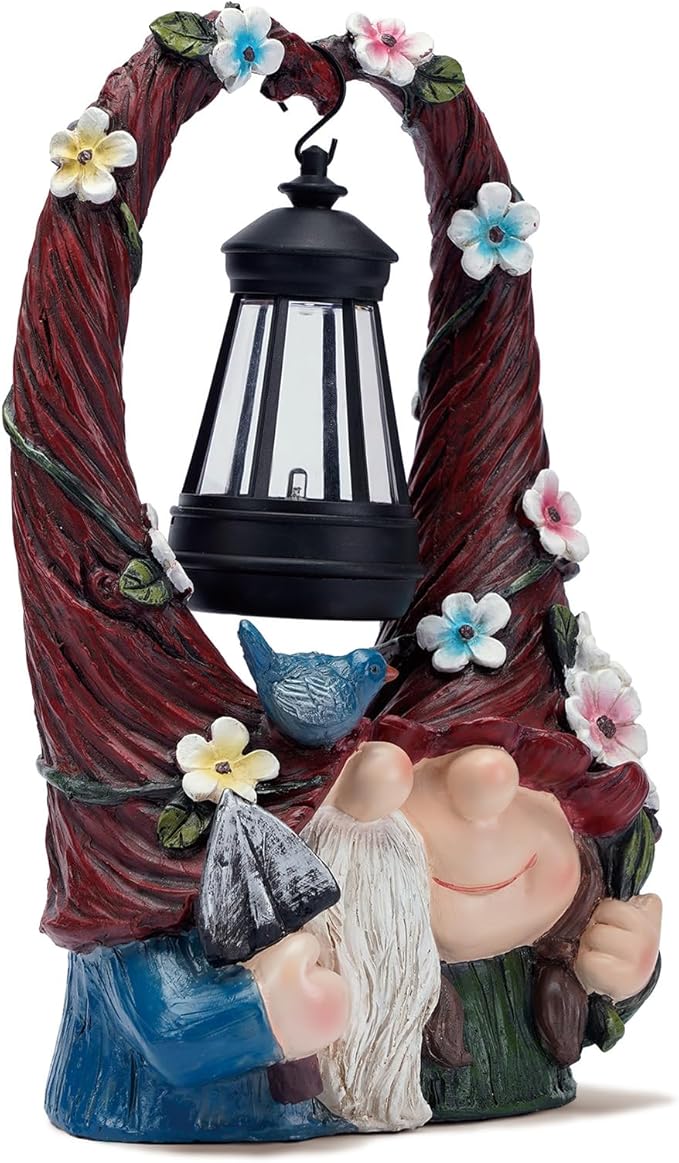 Outdoor Couple Gnome Decorations with Solar Light Lantern Double Cute Gnomes Resin Statues Outdoor Decor Gifts for Valentine's Day Anniversary(Couple Gnome)-VerdiqueGarden