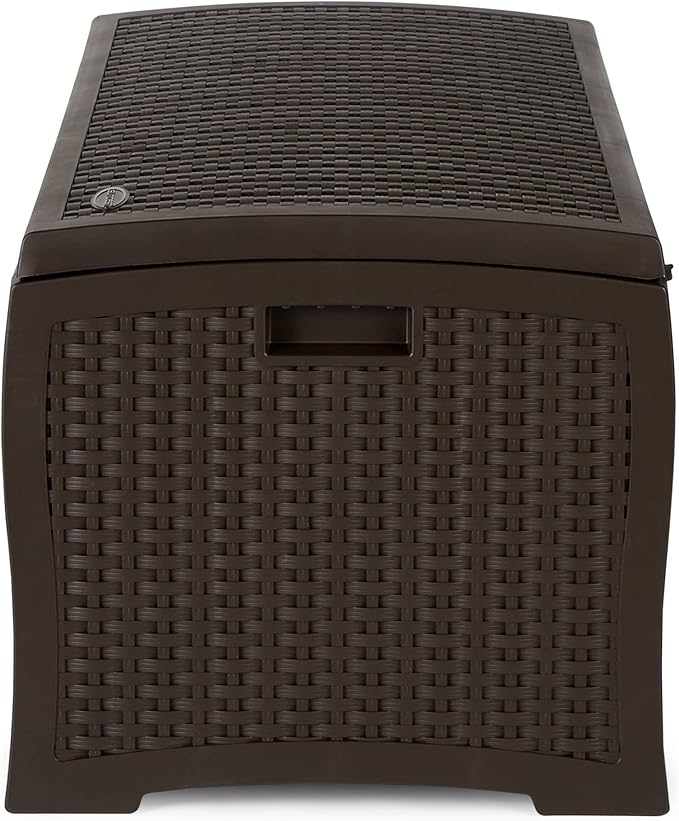 Suncast Outdoor Storage Box - 73 Gallon Mocha Brown Deck Box for Patio, Waterproof Outdoor Storage Bench, Resin Wicker Style, Heavy-Duty, Lockable Lid for Cushions, Shoes, Pool & Garden Gear-VerdiqueGarden