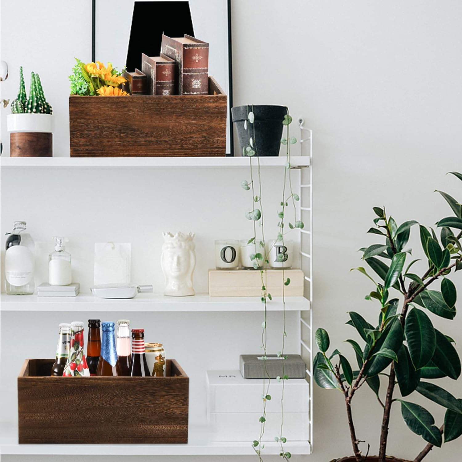 Frcctre Set of 3 Wood Nesting Storage Crates with Handles, Decorative Farmhouse Wooden Crates Storage Containers Rustic Handmade Natural Solid Wood Basket-VerdiqueGarden